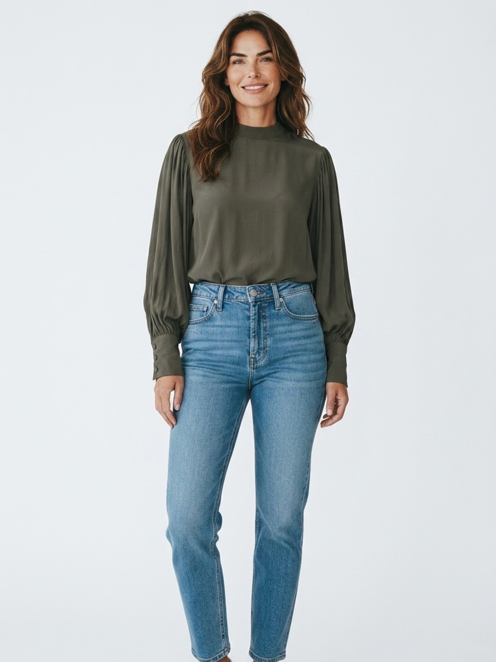 H&M Pleated Long-Sleeve Blouse — Olive Green size medium